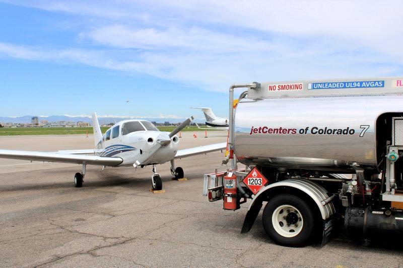 A UL94 refueler supplies unleaded fuel at Centennial Airport.